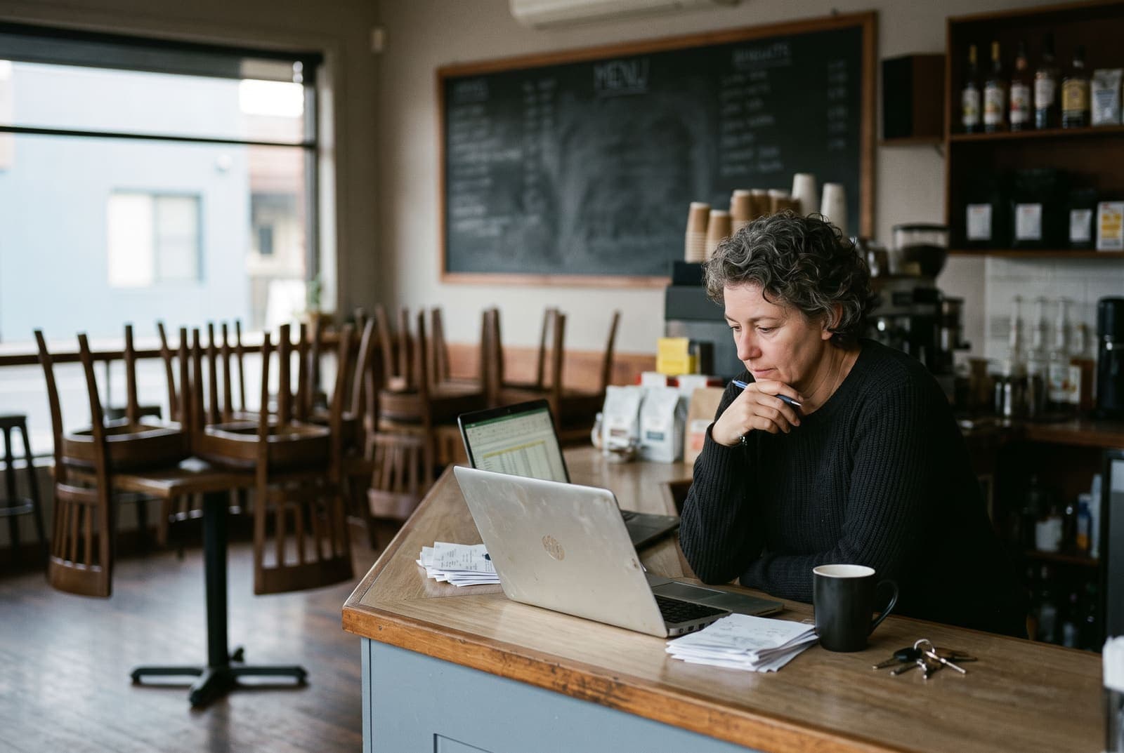 A café owner working at the counter before opening, laptop and paperwork beside her
