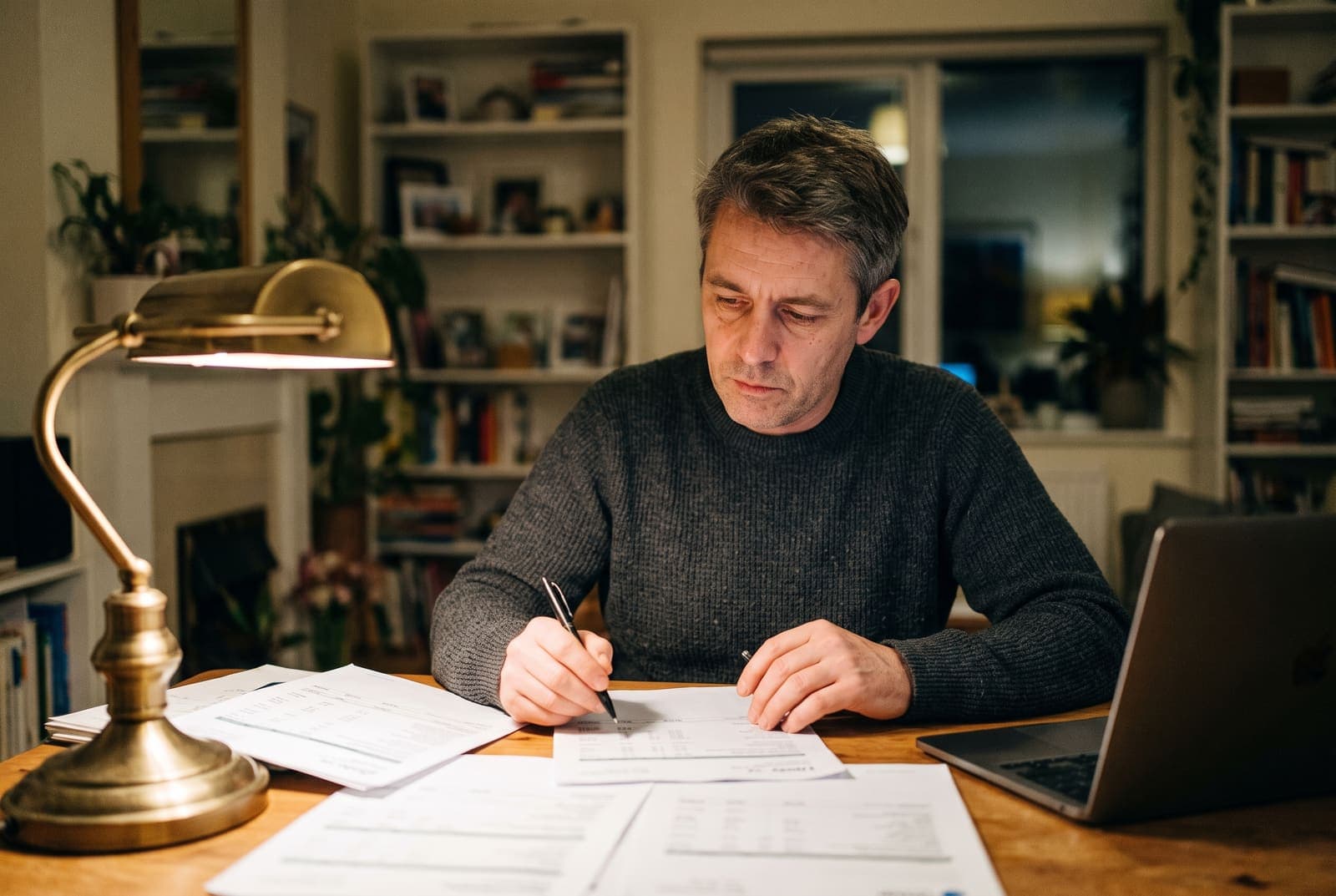 A business owner going through printed bank statements at a desk in the evening