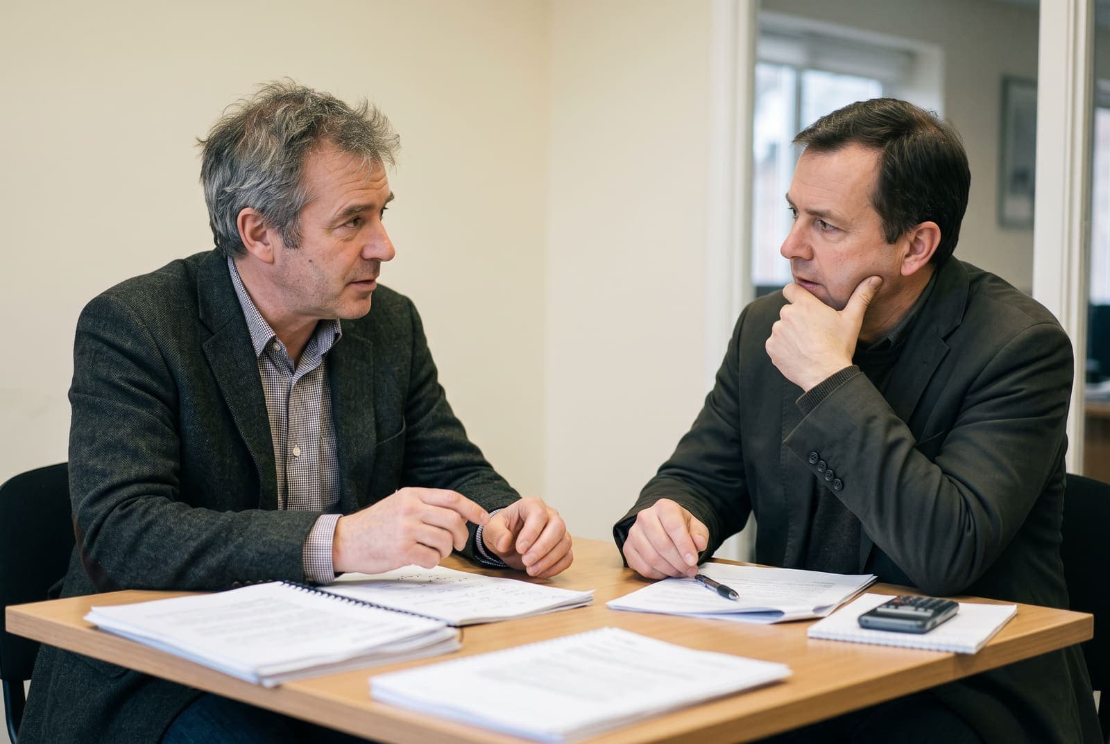 A business owner and an adviser comparing two sets of papers across a table