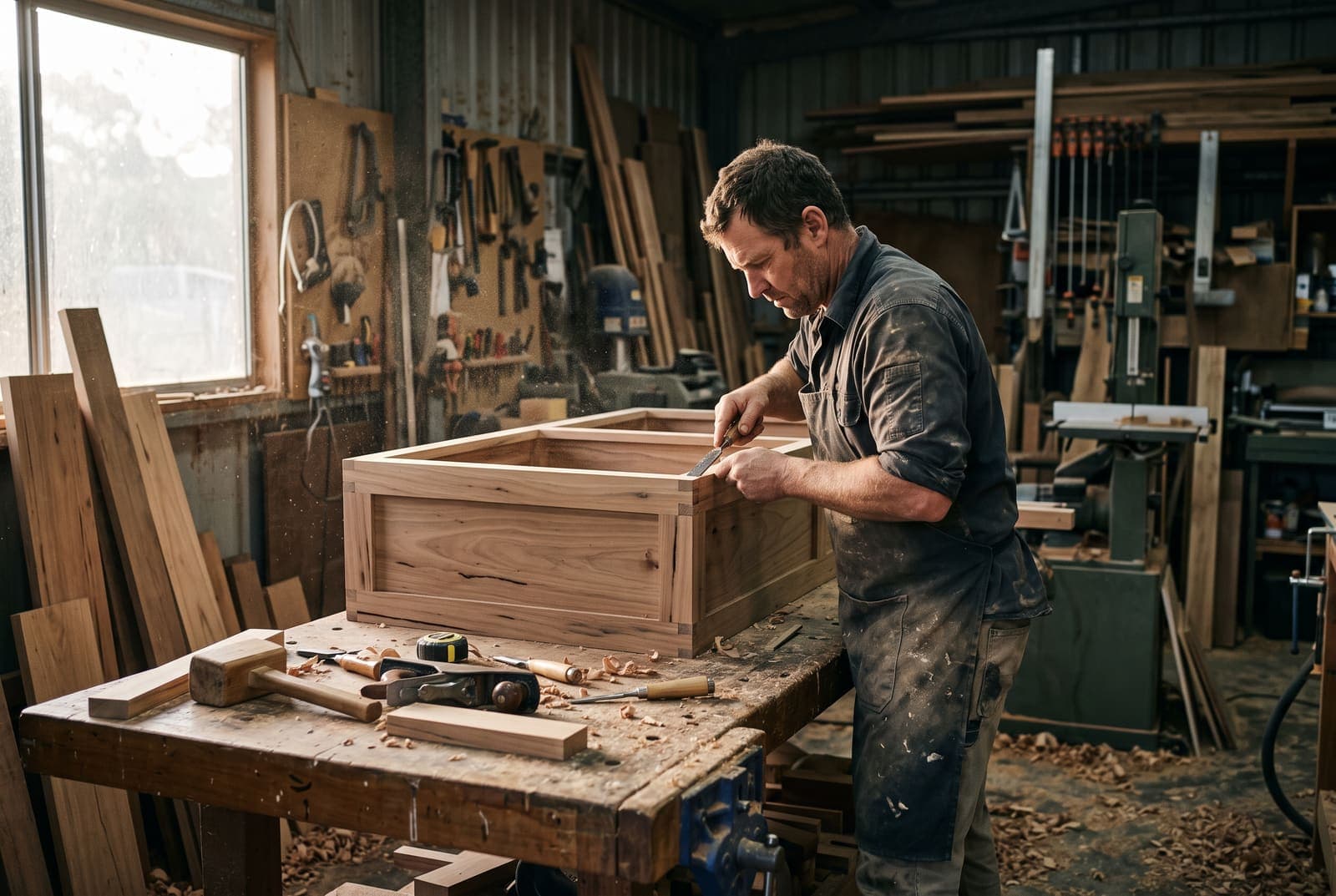 A joiner chiselling a cabinet joint at his workbench
