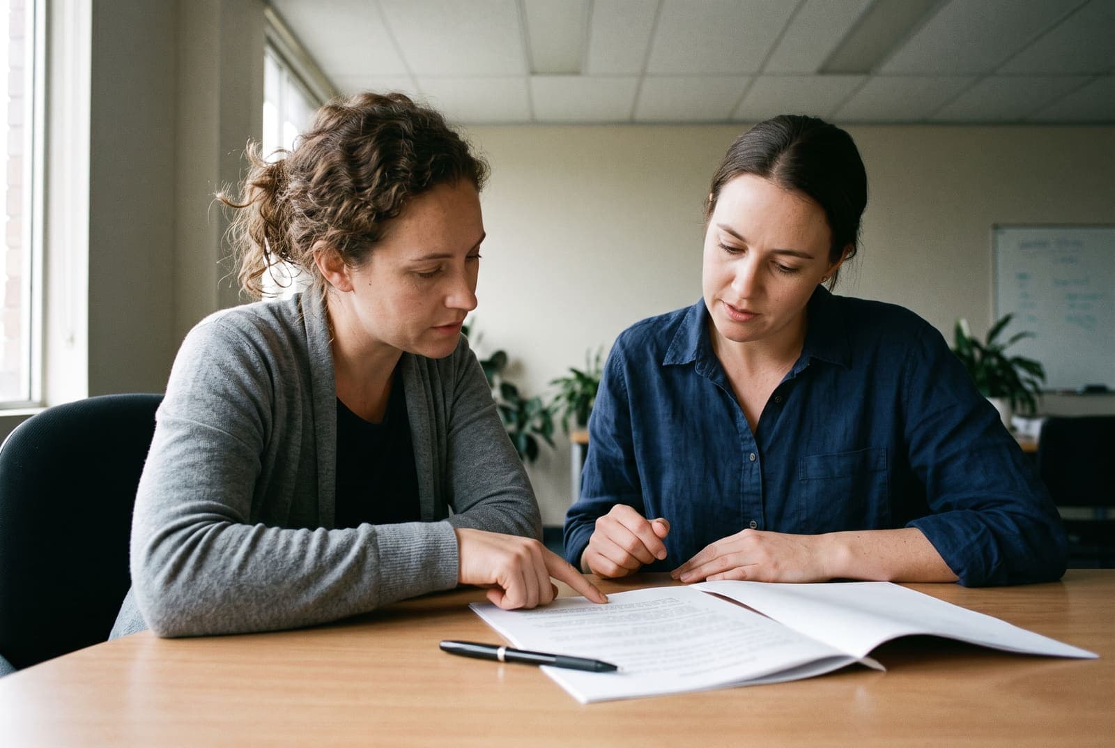 Two business partners reading a document together at a table