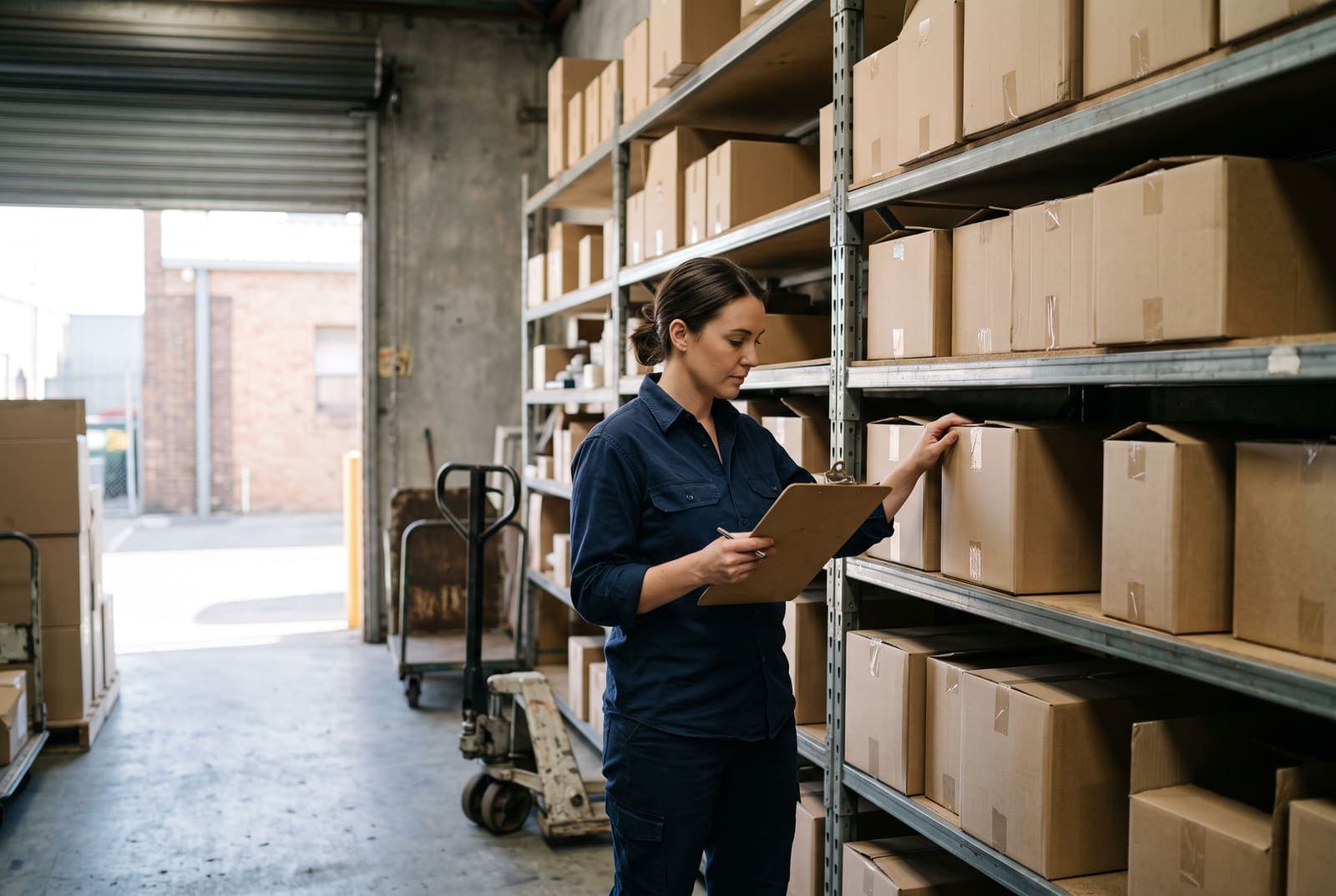 A worker checking cartons against a clipboard in a retail stockroom