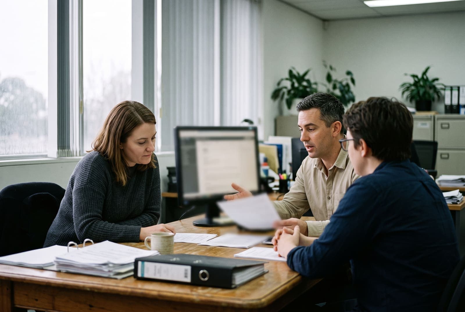 Three colleagues reviewing an application together in a small office